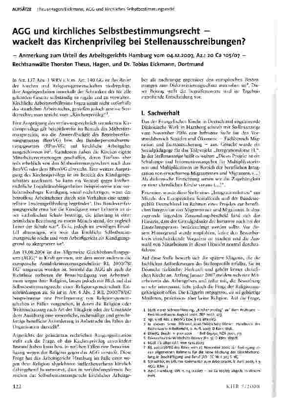 Vorschauseite 1: AGG und kirchliches Selbstbestimmungsrecht -wackelt das Kirchenprivileg bei Stellenausschreibungen?