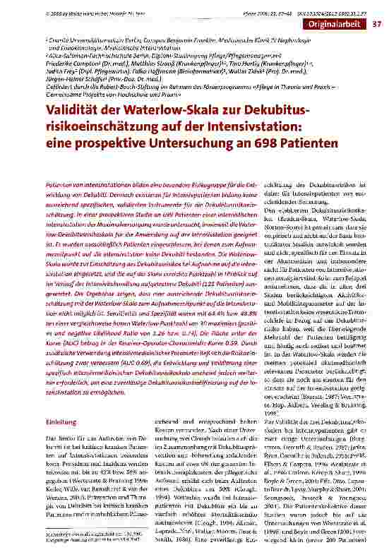 Vorschauseite 1: Validität der Waterlow-Skala zur Dekubitus-risikoeinschätzung auf der Intensivstation: eine prospektive Untersuchung an 698 Patienten