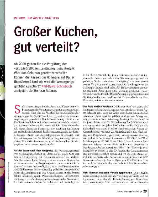 Vorschauseite 1: REFORM DER ÄRZTEVERGÜTUNG Großer Kuchen, gut verteilt?