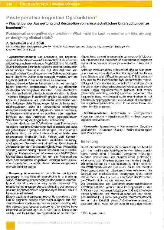 Vorschauseite 1: Postoperative kognitive Dysfunktion-Was ist bei der Auswertung und Konzeption von wissenschaftlichen Untersuchungen zu beachten? -