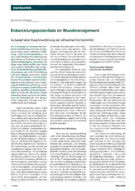 Vorschauseite 1: Entwicklungspotentiale im Wundmanagement Es bedarf einer Zusammenführung der zahlreichen Komponenten