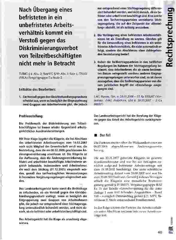 Vorschauseite 1: Nach Übergang eines befristeten in ein unbefristetes Arbeitsverhältnis kommt ein Verstoß gegen das Diskriminierungsverbot von Teilzeitbeschäftigten nicht mehr in BetrachtTzBfG § 4…