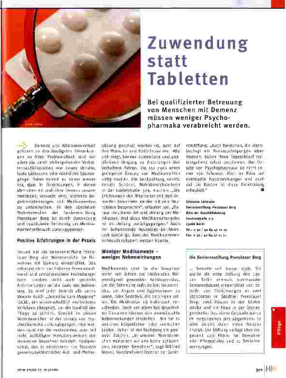 Vorschauseite 1: Zuwendung statt Tabletten Bei qualifizierter Betreuung von Menschen mit Demenz müssen weniger Psychopharmaka verabreicht werden