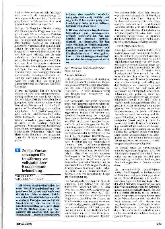 Vorschauseite 1: Zu den Voraussetzungen für Gewährung von vollstationärer Krankenhausbehandlung SGBX §§ 102 IT SGB V § 39 Abs. 1 Satz 2