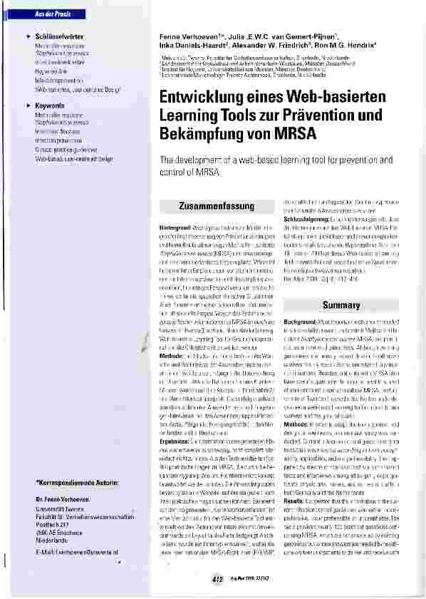 Vorschauseite 1: Entwicklung eines Web-basierten Learning Tools zur Prävention und Bekämpfung von MRSA