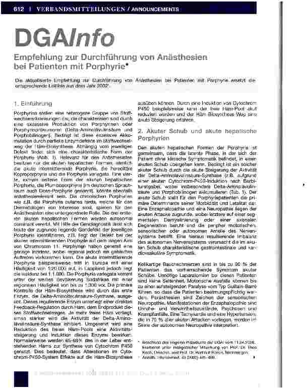 Vorschauseite 1: Empfehlung zur Durchführung von Anästhesien bei Patienten mit Porphyrie