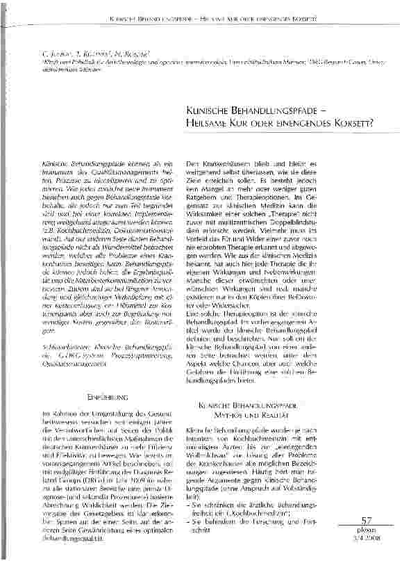 Vorschauseite 1: KLINISCHE BEHANDLUNGSPFADE -HEILSAME KUR ODER EINENGENDES KORSETT?