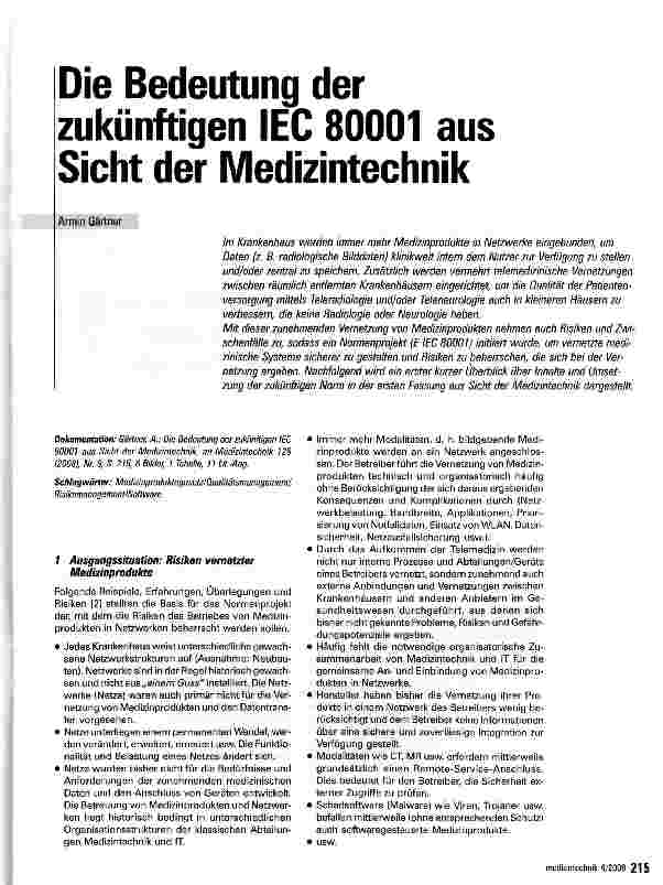 Vorschauseite 1: Die Bedeutung der zukünftigen IEC 80001 aus Sicht der Medizintechnik