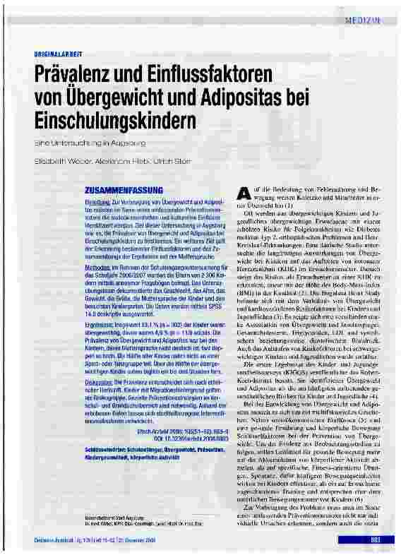 Vorschauseite 1: Prävalenz und Einflussfaktoren von Übergewicht und Adipositas bei Einschulungskindern