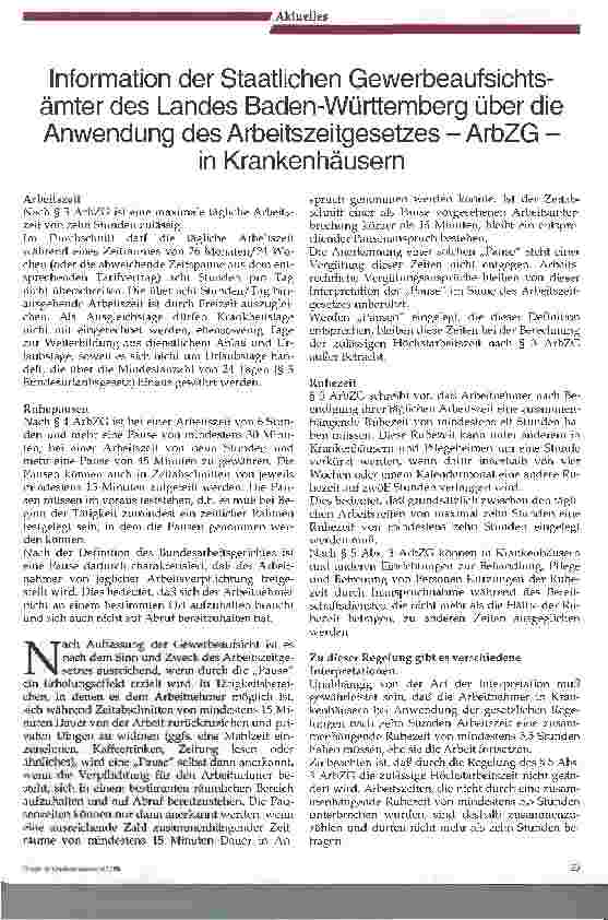 Vorschauseite 1: Information der Staatlichen Gewerbeaufsichtsämter des Landes Baden-Württemberg über die Anwendung des Arbeitszeitgesetzes - ArbZG - in Krankehäusern