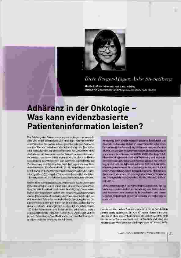 Vorschauseite 1: Adhärenz in der Onkologie Was kann evidenzbasierte Patienteninformation leisten?