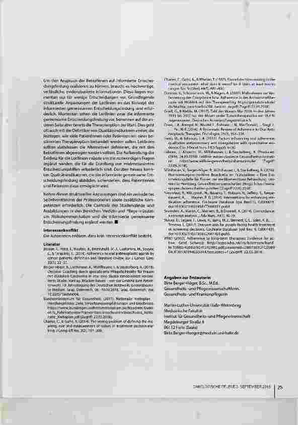 Vorschauseite 5: Adhärenz in der Onkologie Was kann evidenzbasierte Patienteninformation leisten?