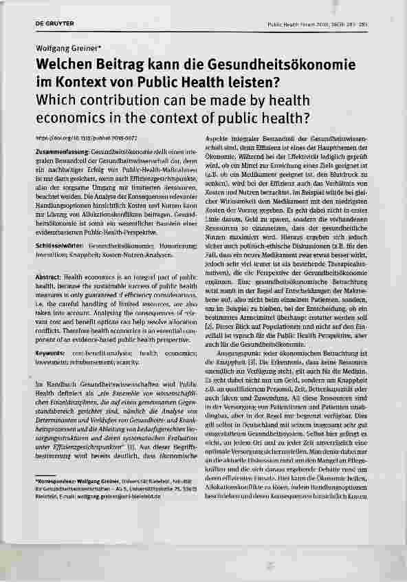 Vorschauseite 1: Welchen Beitrag kann die Gesundheitsökonomie im Kontext von Public Health leisten?Which contribution can be made by health economics in the context of public health?