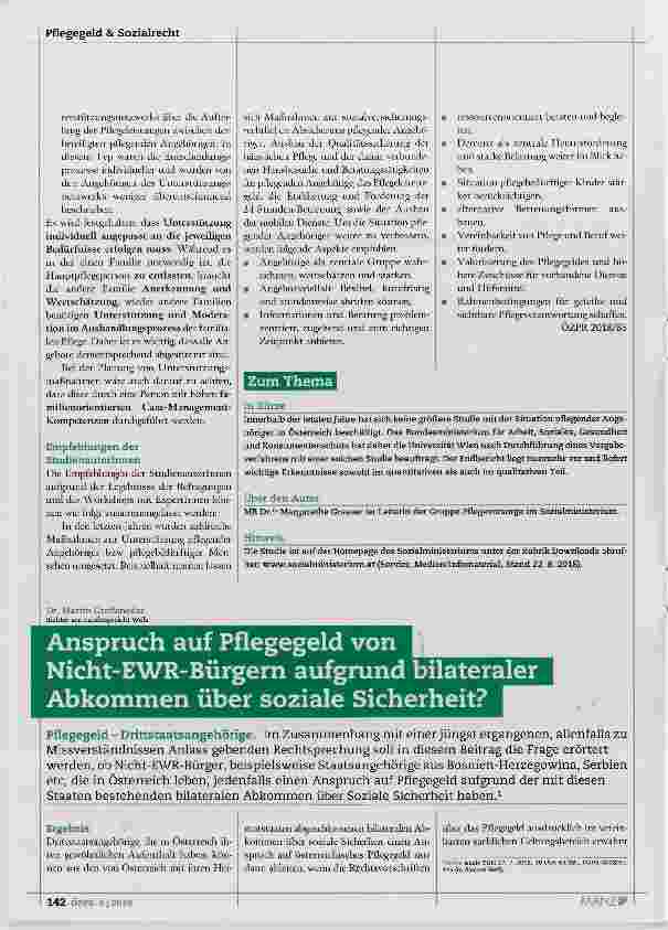 Vorschauseite 1: Anspruch auf Pflegegeld von Nicht-EWR-Bürgem aufgrund bilateraler Abkommen über soziale Sicherheit?