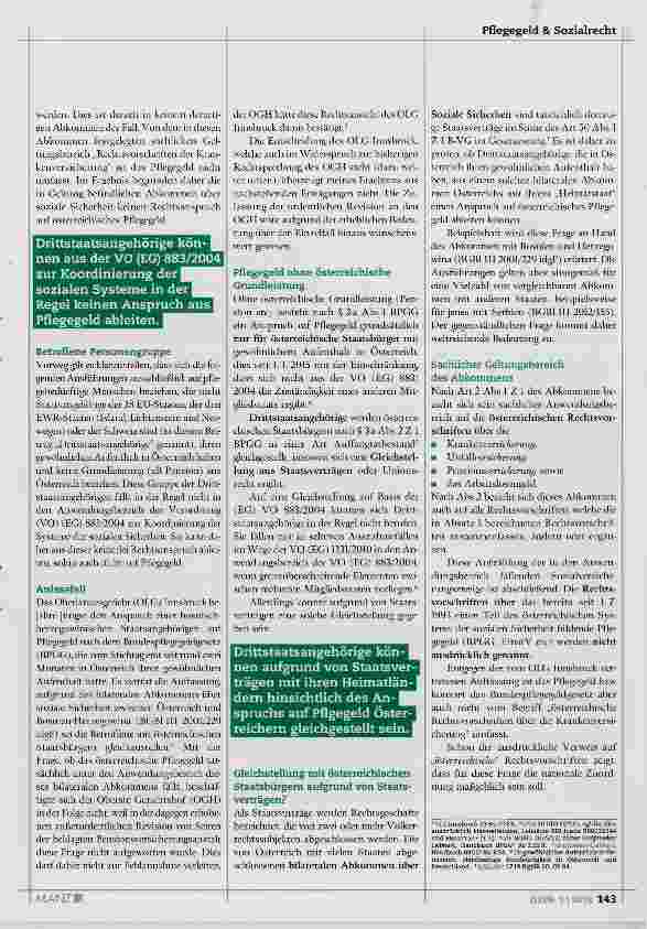 Vorschauseite 2: Anspruch auf Pflegegeld von Nicht-EWR-Bürgem aufgrund bilateraler Abkommen über soziale Sicherheit?