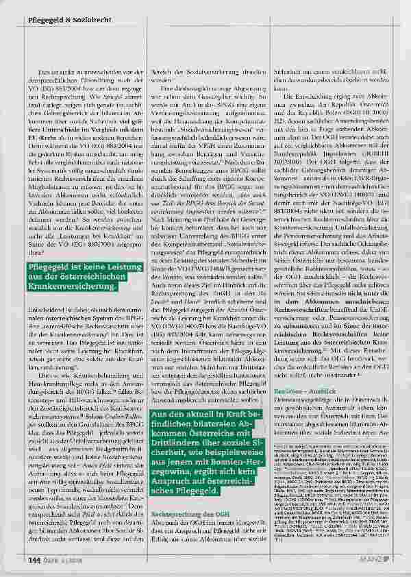 Vorschauseite 3: Anspruch auf Pflegegeld von Nicht-EWR-Bürgem aufgrund bilateraler Abkommen über soziale Sicherheit?