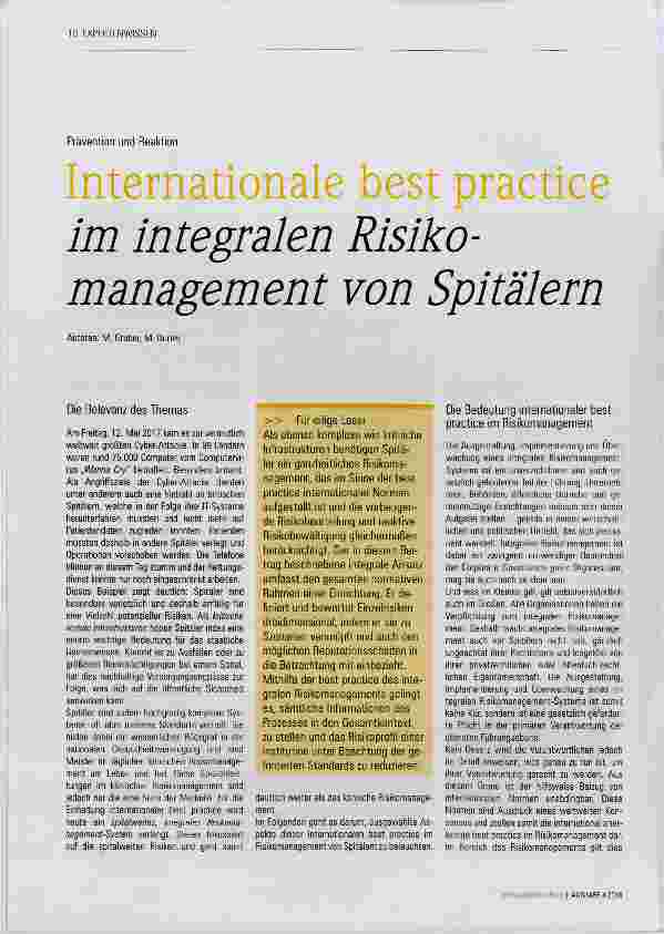 Vorschauseite 1: Internationale best practice im integralen Risikomanagement von Spitälern