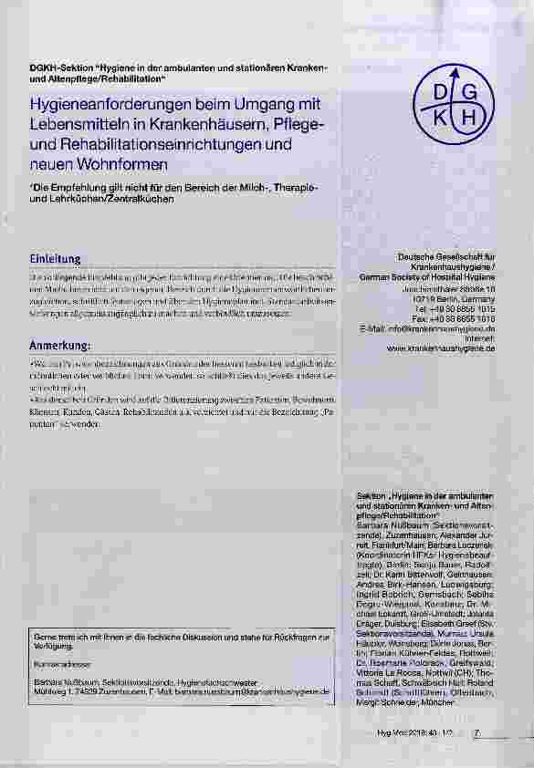 Vorschauseite 1: Hygieneanforderungen beim Umgang mit Lebensmitteln in Krankenhäusern, Pflegeund Rehabilitationseinrichtungen und neuen Wohnformen