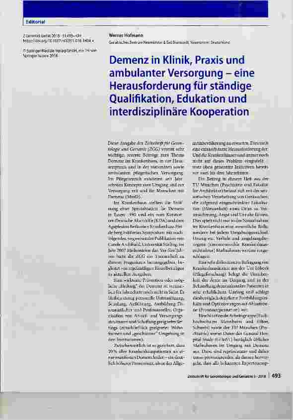 Vorschauseite 1: Demenz in Klinik, Praxis und ambulanter Versorgung eine Herausforderung für ständige Qualifikation, Edukation und interdisziplinäre Kooperation