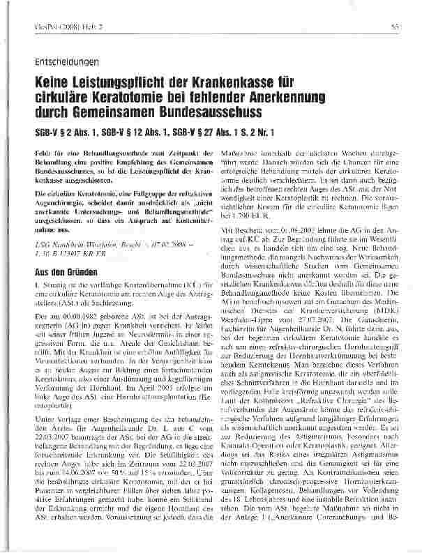Vorschauseite 1: Keine Leistungspflicht der Krankenkasse für cirkuläre Keratotomie bei fehlender Anerkennung durch Gemeinsamen Bundesausschuss