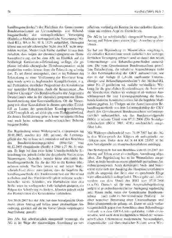 Vorschauseite 2: Keine Leistungspflicht der Krankenkasse für cirkuläre Keratotomie bei fehlender Anerkennung durch Gemeinsamen Bundesausschuss