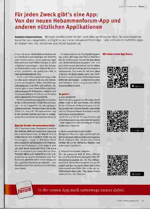 Vorschauseite 1: Für jeden Zweck gibt’s eine App:Von der neuen Hebammenforum-App und anderen nützlichen Applikationen