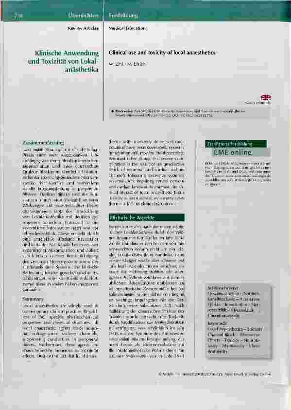 Vorschauseite 1: Klinische Anwendung und Toxizität von Lokalanästhetika