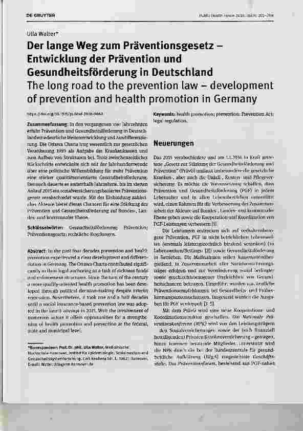 Vorschauseite 1: Der lange Weg zum Präventionsgesetz Entwicklung der Prävention und Gesundheitsförderung in Deutschland The long road to the prevention law development of prevention and health pro…