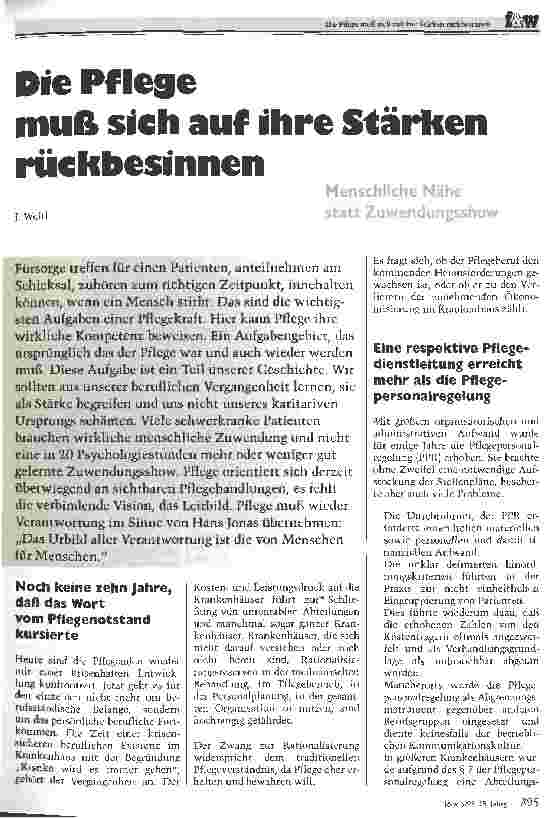 Vorschauseite 1: Die Pflege muß sich auf ihre Stärken rückbesinnen Menschliche Nähe statt Zuwendungsshow