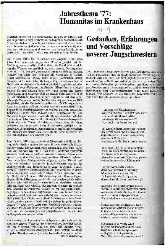 Vorschauseite 1: Jahresthema 77: Humanitas im Krankenhaus Gedanken, Erfahrungen und Vorschläge unserer Jungschwestern
