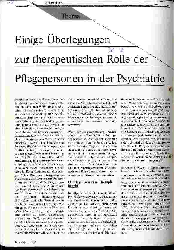 Vorschauseite 1: Einige Überlegungen zur therapeutischen Rolle der Pflegepersonen in der Psychiatrie