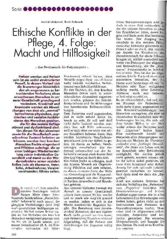 Vorschauseite 1: Ethische Konflikte in der Pflege, 4. Folge: Macht und Hilflosigkeit - Zur Problematik der Patientenrolle -
