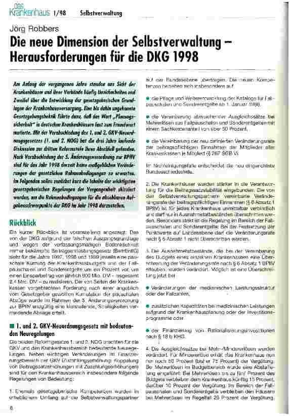 Vorschauseite 1: Die neue Dimension der Selbstverwaltung - Herausforderungen für die DKG 1998