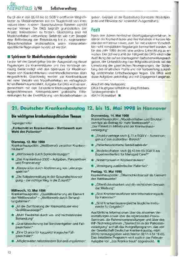 Vorschauseite 5: Die neue Dimension der Selbstverwaltung - Herausforderungen für die DKG 1998