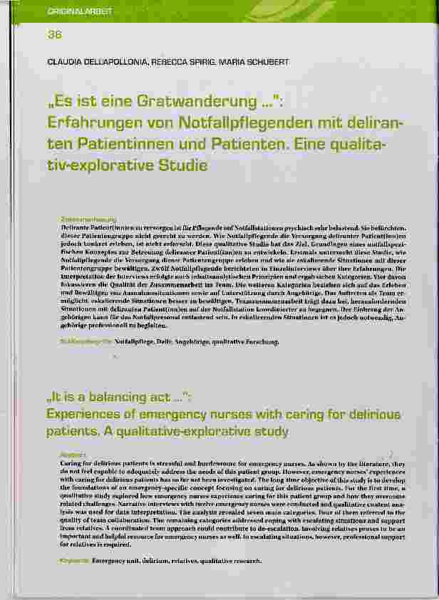 Vorschauseite 1: Es ist eine Gratwanderung Erfahrungen von Notfallpflegenden mit deliranten Patientinnen und Patienten. Eine qualitativ-explorative Studie