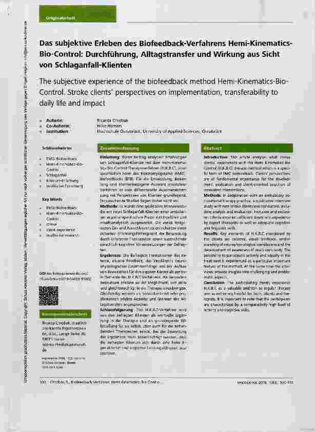 Vorschauseite 1: Das subjektive Erleben des Biofeedback-Verfahrens Hemi-Kinematics-Bio-Control: Durchführung, Alltagstransfer und Wirkung aus Sicht von Schlaganfall-Klienten