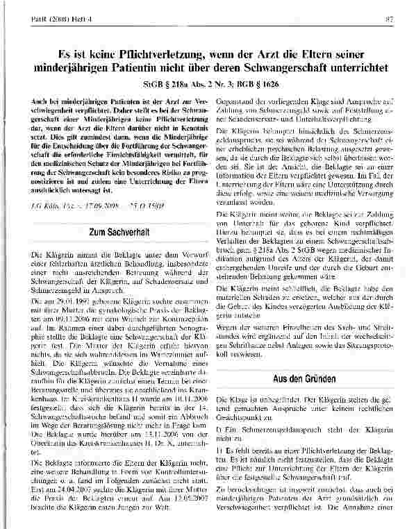 Vorschauseite 1: Es ist keine Pflichtverletzung, wenn der Arzt die Eltern seiner minderjährigen Patientin nicht über deren Schwangerschaft unterrichtet