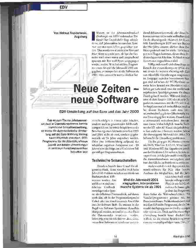 Vorschauseite 1: Neue Zeiten - neue Software EDV-Umstellung auf den Euro und das Jahr 2000