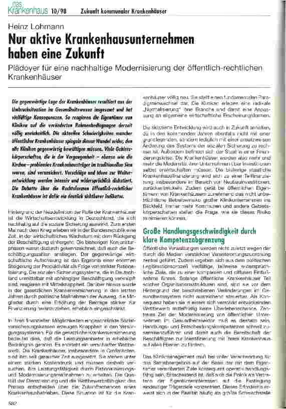 Vorschauseite 1: Nur aktive Krankenhausunternehmen haben eine Zukunft Plädoyer für eine nachhaltige Modernisierung der öff. -rechtl. Krankenhäuser