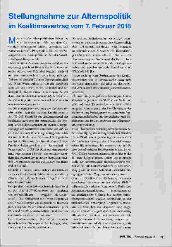 Vorschauseite 1: Stellungnahme zur Alternspolitikim Koalitionsvertrag vom 7. Februar 2018