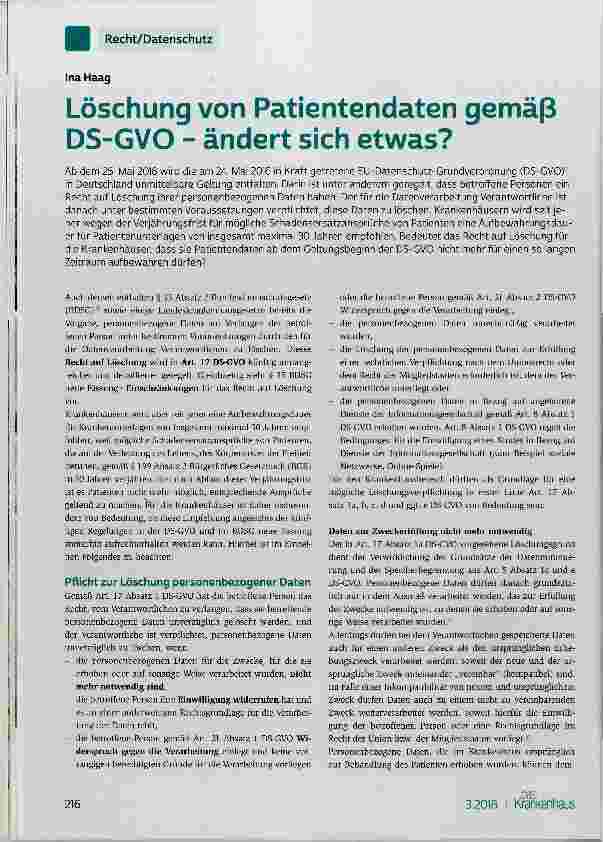 Vorschauseite 1: Löschung von Patientendaten gemäß DS-GVO ändert sich etwas?