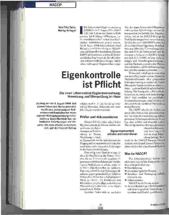 Vorschauseite 1: Eigenkontrolle ist Pflicht Die neue Lebensmittel-Hygieneverordnung: Umsetzung und Überprüfung