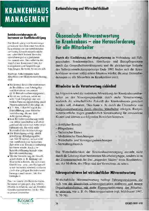 Vorschauseite 1: Ökonomische Mitverantwortung im Krankenhaus - eine Herausforderung für alle Mitarbeiter