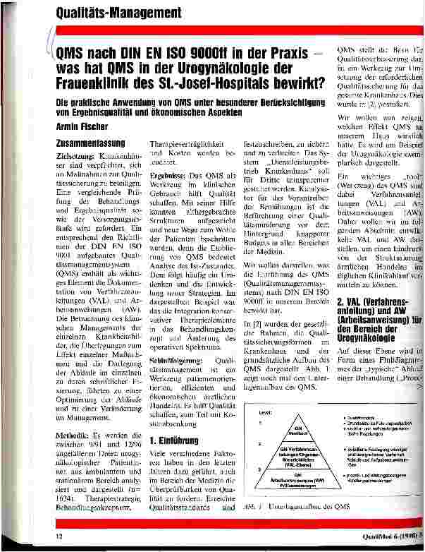 Vorschauseite 1: QMS nach DIN EN ISO 9000ff in dwer Praxis - was hat QMS in der Urogynäkologie der Frauenklinik des St. -Josefs-Hospitals bewirkt?