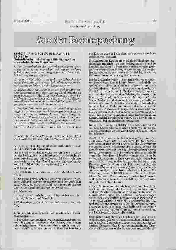 Vorschauseite 1: KSchG § 1 Abs. 2; SGB IX §§ 81 Abs. 4, 85; ZPO § 286 Ordentliche betriebsbedingte Kündigung eines schwerbehinderten Menschen