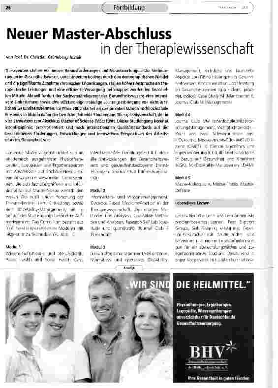 Vorschauseite 1: Neuer Master-Abschluss in der Therapiewissenschaft