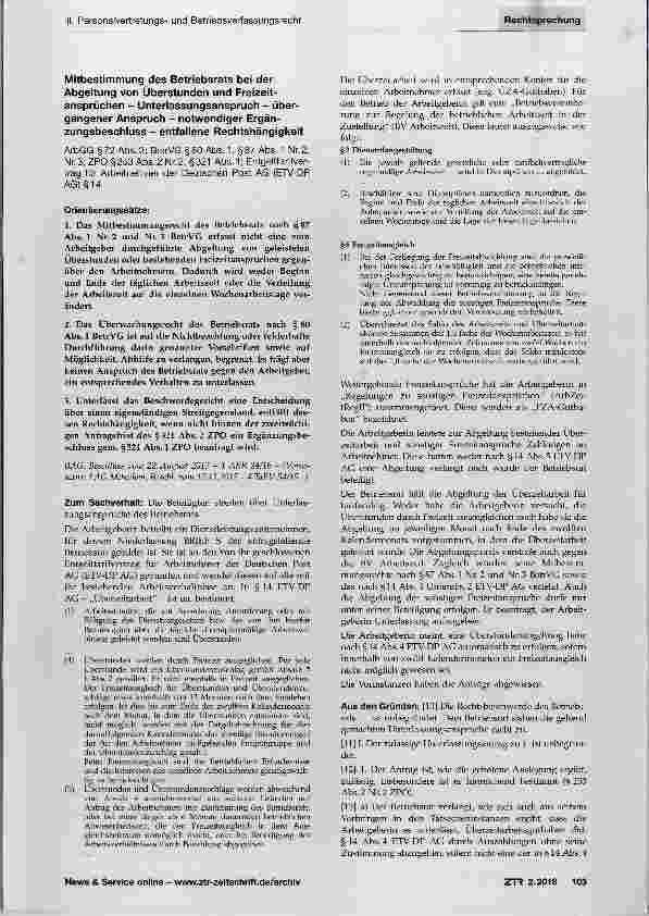 Vorschauseite 1: Mitbestimmung des Betriebsrats bei der Abgeltung von Überstunden und Freizeitansprüchen Unterlassungsanspruch - übergangener Anspruch notwendiger Ergänzungsbeschluss entfallene Re…