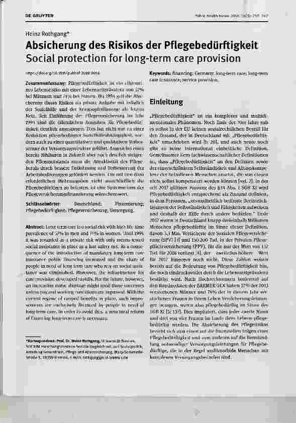 Vorschauseite 1: Absicherung des Risikos der Pflegebedürftigkeit Social protection for long-term care provision