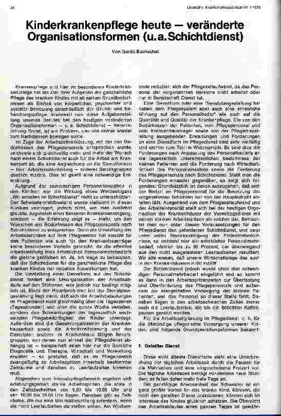Vorschauseite 1: Kinderkrankenpflege heute - veränderte Organisationsformen (u. a. Schichtdienst)