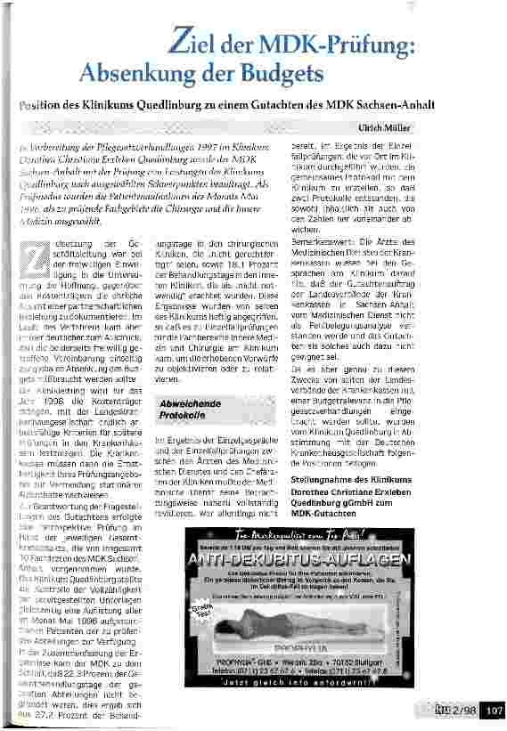 Vorschauseite 1: Ziel der MDK-Prüfung: Absenkung des Budgets Position des Klinikums Quedlinburg zu einem Gutachten des MDK Sachsen-Anhalt